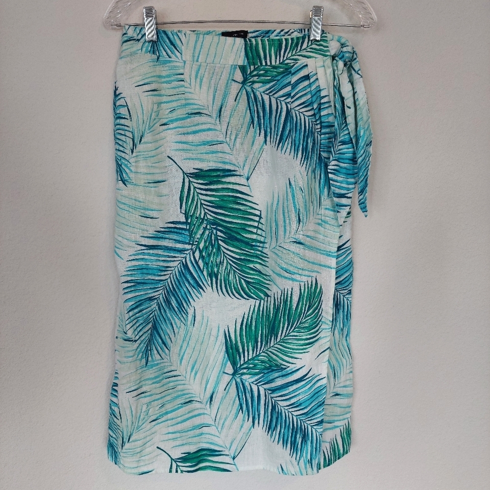 Tahari 100% Linen Tropical Leaf Print Wrap Skirt Size Meduim